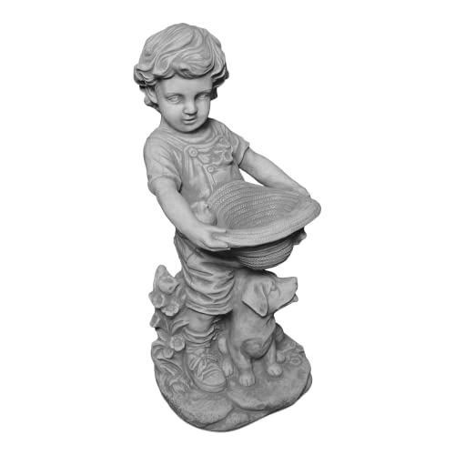 gartendekoparadies.de Jungen Figur mit bepflanzbaren Hut, Steinfigur H. 52 cm, 17 kg, Grau, frostsicher aus Steinguss für Außenbereich von gartendekoparadies.de