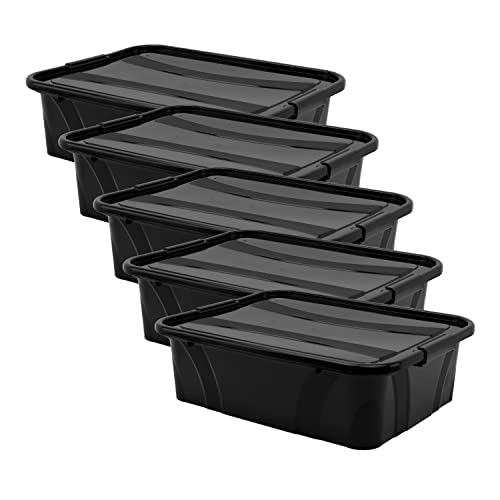 Aufbewahrungsbox + Deckel 5er Set versch. Größen Transportbox schwarz | Lebensmittelbox lebensmittelgeeignet Kunststoffbehälter Lagerbox stapelbar Wäschebox ((L 51 x B 38,5 x H 14,8 cm - 21l) von goodsforbusiness
