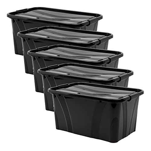 Aufbewahrungsbox + Deckel 5er Set versch. Größen Transportbox schwarz | Lebensmittelbox lebensmittelgeeignet Kunststoffbehälter Lagerbox stapelbar Wäschebox (L38,5 x B24,5 x H18,5cm, 14 l) von goodsforbusiness