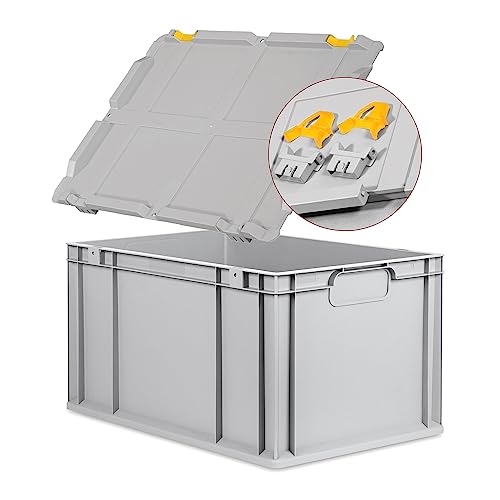 Eurobox NextGen Economy, Griffe geschlossen mit Scharnierdeckel 60x40x32cm grau Kunststoffbox 65 Liter stapelbar Transportbehälter lebensmittelecht, Farbe Deckel-Scharniere wählbar (Gelb) von goodsforbusiness