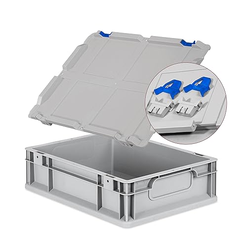 Eurobox NextGen Economy 40x30x12cm Griffe geschlossen mit Scharnierdeckel grau, Kunststoffbox 11 Liter stapelbar Transportbox, Wohnmobilbox Farbe Deckel-Verschlüsse wählbar (Verschluss Blau) von goodsforbusiness