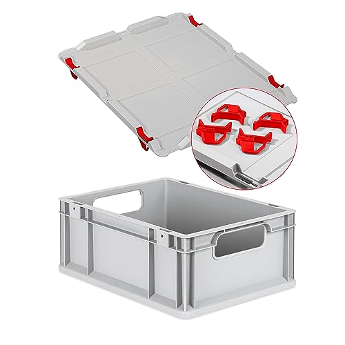 Eurobox NextGen Economy 40x30x17cm Griffe offen mit Auflagedeckel grau, Kunststoffkiste 16 Liter stapelbar Transportbox lebensmittelecht, Farbe Deckel-Verschlüsse wählbar (Verschlüsse Rot) von goodsforbusiness