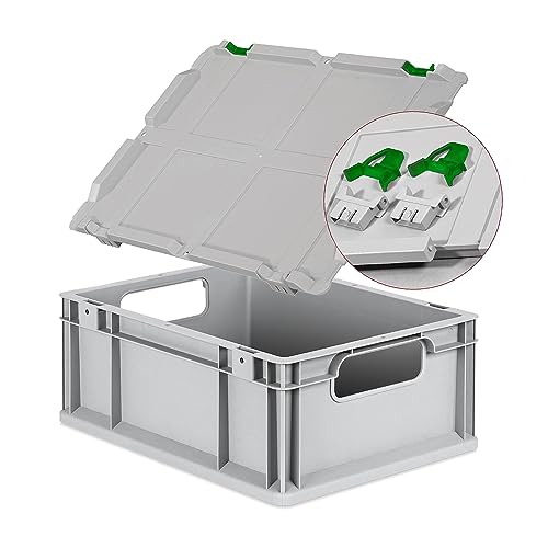 Eurobox NextGen Economy 40x30x17cm Griffe offen mit Scharnierdeckel grau, Kunststoffbox 16 Liter stapelbar Transportbox, Campingbox Farbe Deckel-Verschlüsse wählbar (Verschlüsse Grün) von goodsforbusiness