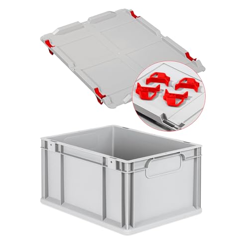 Eurobox NextGen Economy 40x30x22cm, Griffe geschlossen mit Auflagedeckel grau, Kunststoffbox 20 Liter, Lagerbox Logistikbox Campingbox stapelbar, Farbe Deckel-Verschlüsse wählbar (Rot) von goodsforbusiness