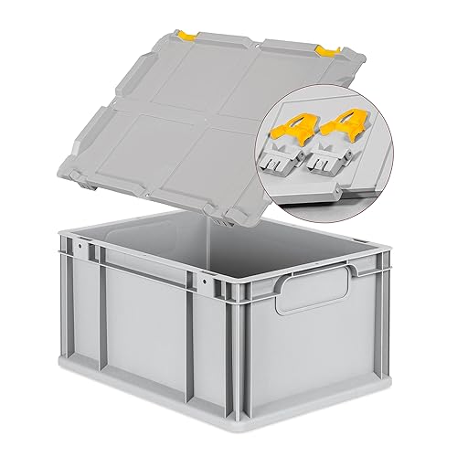 Eurobox NextGen Economy 40x30x22cm Griffe geschlossen mit Scharnierdeckel grau, Kunststoffbox 20 Liter stapelbar Transportbox, Campingbox Farbe Deckel-Verschlüsse wählbar (Verschluss Gelb) von goodsforbusiness