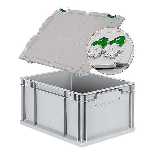 Eurobox NextGen Economy 40x30x22cm Griffe geschlossen mit Scharnierdeckel grau, Kunststoffbox 20 Liter stapelbar Transportbox, Campingbox Farbe Deckel-Verschlüsse wählbar (Verschluss Grün) von goodsforbusiness