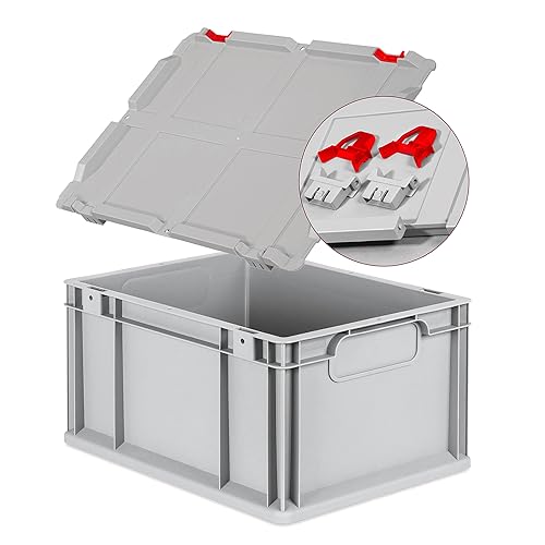 Eurobox NextGen Economy 40x30x22cm Griffe geschlossen mit Scharnierdeckel grau, Kunststoffbox 20 Liter stapelbar Transportbox, Campingbox Farbe Deckel-Verschlüsse wählbar (Verschluss Rot) von goodsforbusiness