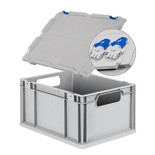 Eurobox NextGen Economy 40x30x22cm Griffe offen mit Scharnierdeckel grau, Kunststoffbox 20 Liter stapelbar, Transportbehälter Industriebox Farbe Deckel-Verschlüsse wählbar (Verschlüsse Blau) von goodsforbusiness