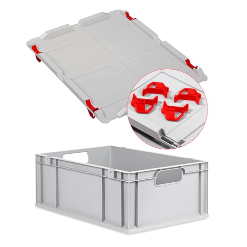 Eurobox NextGen Economy 60x40x22cm Griffe offen mit Auflagedeckel grau, Kunststoffbox 44 Liter stapelbar, Transportbox Campingbox lebensmittelecht, Farbe Deckel-Verschlüsse wählbar (Verschluss Rot) von goodsforbusiness