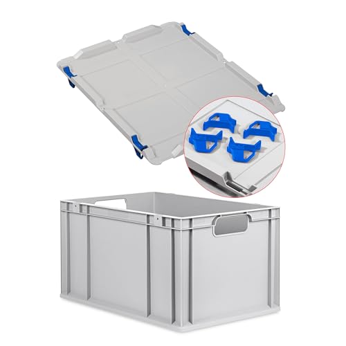 Eurobox NextGen Economy 60x40x32cm Griffe offen mit Auflagedeckel grau, Kunststoffbox 65 Liter, Logistikbox Lagerbox Campingbox stapelbar, Farbe Deckel-Verschlüsse wählbar (Verschluss Blau) von goodsforbusiness