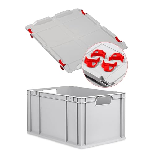 Eurobox NextGen Economy 60x40x32cm Griffe offen mit Auflagedeckel grau, Kunststoffbox 65 Liter, Logistikbox Lagerbox Campingbox stapelbar, Farbe Deckel-Verschlüsse wählbar (Verschluss Rot) von goodsforbusiness