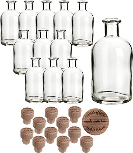 gouveo 12er Set Glasflasche 250 ml Apotheker mit Holzgriffkorken “Made with Love I” - Leere Flasche mit Korken zum Befüllen – Kleine Apothekerflaschen, Likörflaschen, Ölflaschen von gouveo