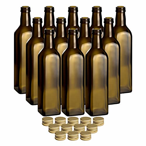 gouveo 12er Set Glasflaschen 500 ml Maraska -Antik- mit Schraubverschluss goldfarben - Kleine Flasche 0,5 l zum Befüllen - Likörflasche, Ölflasche, Essigflasche von gouveo