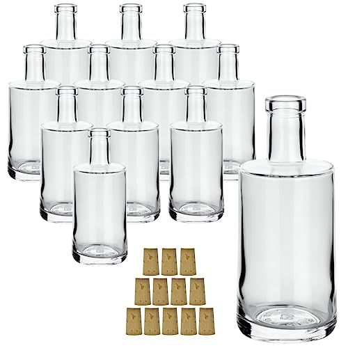 gouveo 12er Set Glasflaschen 250 ml Prim mit Spitzkorken - Kleine Flaschen 0,25 l aus hochwertigem Glas mit Korken - Glasflasche mit Korkverschluss zum Befüllen mit Likör, Schnaps, Öl von gouveo