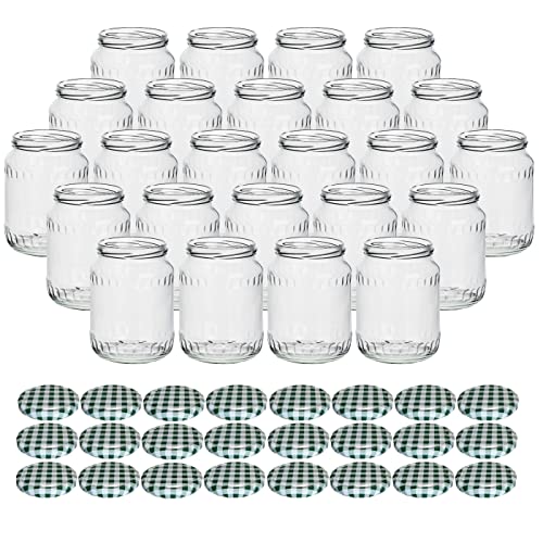 gouveo 24er Set Einmachgläser 720 ml Facette mit Schraub-Deckel karo-grün - Große Vorratsgläser mit Drehverschluss TO82 - Leere Marmeladengläser, Einkochgläser, Einweckgläser, Aufbewahrungsgläser von gouveo