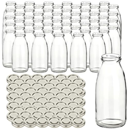 gouveo 60er Set Saftflasche 250 ml mit Schraub-Deckel silberfarben - Kleine Glasflasche 0,25 l mit TO43 Verschluss - Leere Flasche zum Befüllen für Küche und Haushalt von gouveo