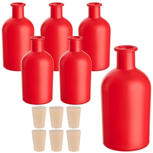 gouveo 6er Set Glasflaschen 250 ml Apotheker rot mit Spitzkorken (PE) - Leere Flasche 0,25 l zum Befüllen und Verschenken - Apotheker Flasche für Likör, Öl, Essig von gouveo