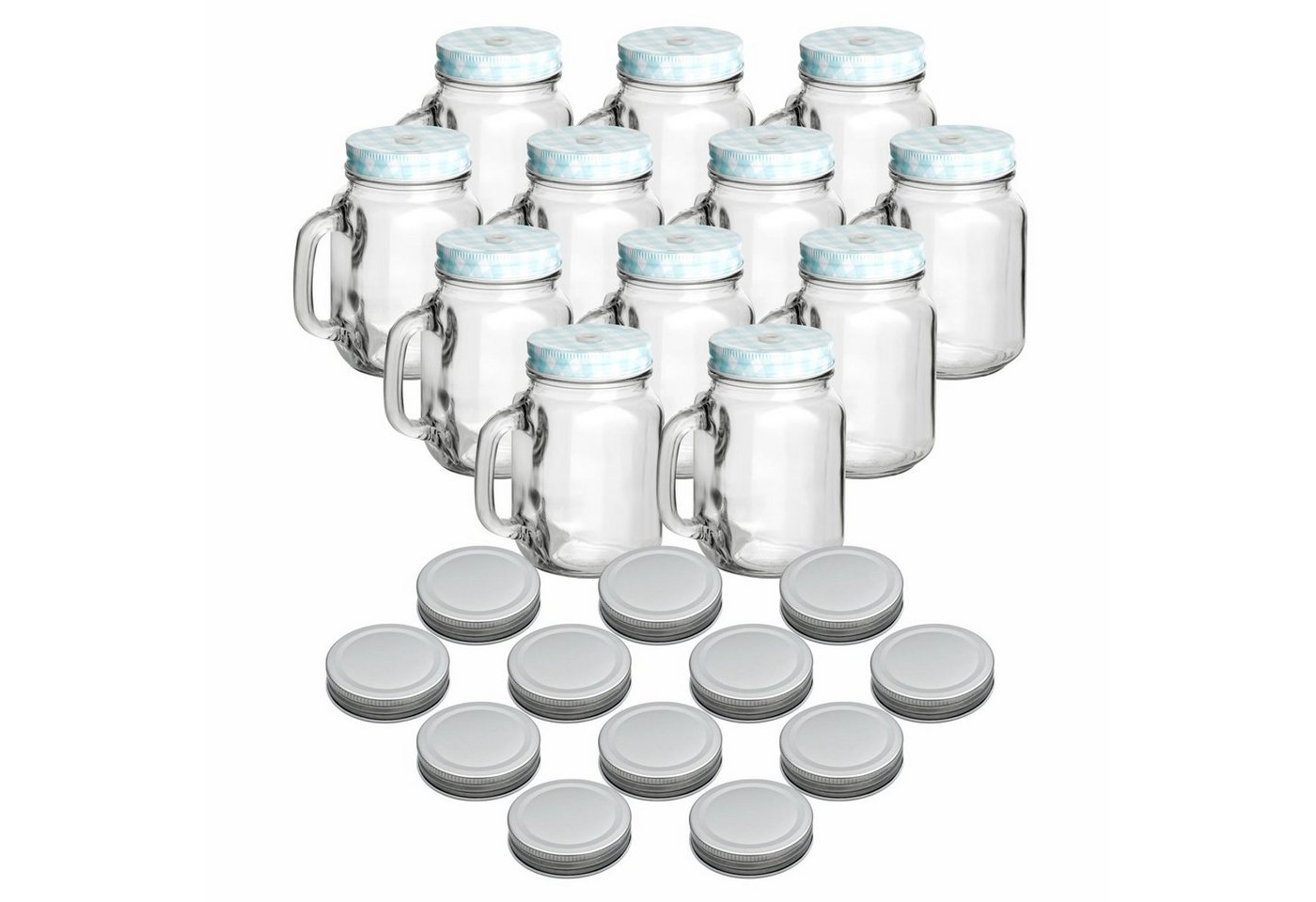 gouveo Gläser-Set Trinkgläser 450 ml mit Schraubdeckel - Trinkglas mit Henkel, 12er Set, blau/silber von gouveo