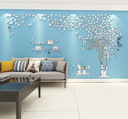 Baum Wandaufkleber Wandtattoo 3D DIY Sticker mit Familie Bilderrahmen Fotorahmen Wandbilder Wandkunst für Wohnzimmer Schlafzimmer Kinderzimmer (Silber Rechts,L-150 * 300cm) von guangmu