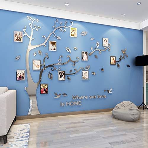 Wandtattoo Baum 3D DIY Wandaufkleber Family Stammbaum Fotowand Baum Wandtattoo Wall Sticker mit Bilderrahmen Foto Wandsticker Wanddeko Deko Wohnzimmer Schlafzimmer (Silber Rechts,XXL) von guangmu