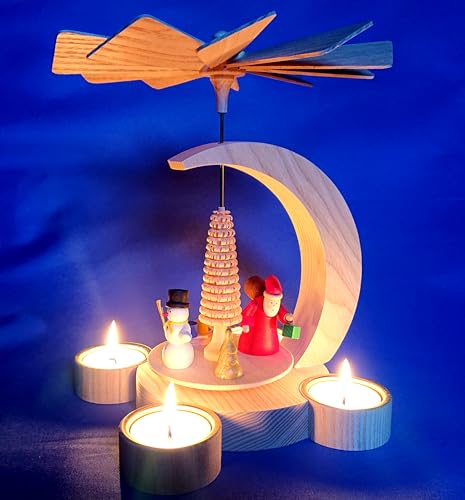 Kunststube Marienberg - Teelicht Pyramide 23cm modern -Weihnachtsmotiv mit Weihnachtsmann & Schneemann - Handarbeit aus dem Erzgebirge von hand.kunst.ERZ