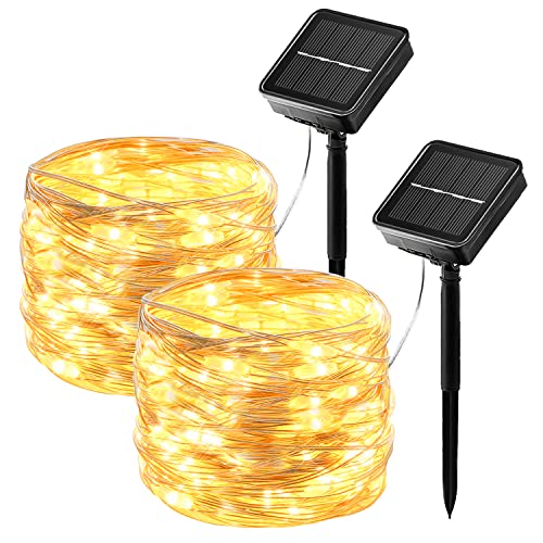 hangyiwei Solar Lichterkette Aussen, 2x17M 150 LED Lichterkette Außen Solar Outdoor, 8 Modi IP65 Wasserdicht KupferDraht Solarlichterkette Wetterfest für Balkon Garten Party Hochzeit (Warmweiß) von hangyiwei