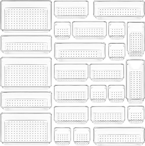 Haobin 25 Stücke Schubladen Organizer mit 4 Größen, Schminktisch Ordnungssystem, Klar Kunststoff Makeup/Badezimmer/Drawer Organizer Box, Schreibtisch Tabletts für Küchen, Schmuck, Schlafzimmer, Büro von haobin