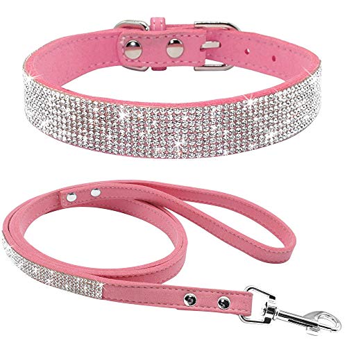 haoyueer Hundehalsband aus weichem Wildleder, schillernd, funkelnd, elegant, ausgefallen, mit Strasssteinen besetzt, für Haustiere, Welpen, Katzen, Hunde, Kombi-Set mit Leine (M, Rosa) von haoyueer