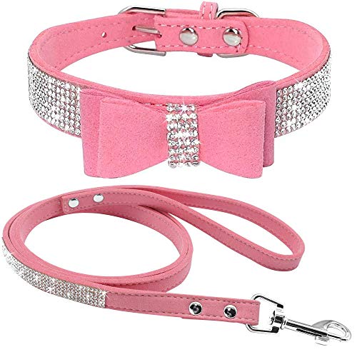 haoyueer Hundehalsband aus weichem Wildleder, schillernd, funkelnd, elegant, ausgefallen, mit Strasssteinen besetzt, für Haustiere, Welpen, Katzen, Hunde, Kombi-Set mit Leine (S, Rosa 1) von haoyueer