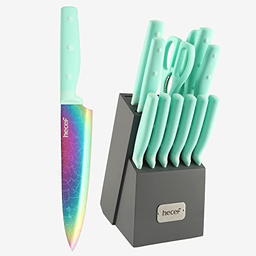 hecef 14-teiliges Messerset mit Block, Regenbogen-Titan-Beschichtung Messer mit Laser-Muster, Martensitischer Edelstahl Kochmesser-Set mit Schärfer, Steakmesser, Schere (Grün) von hecef