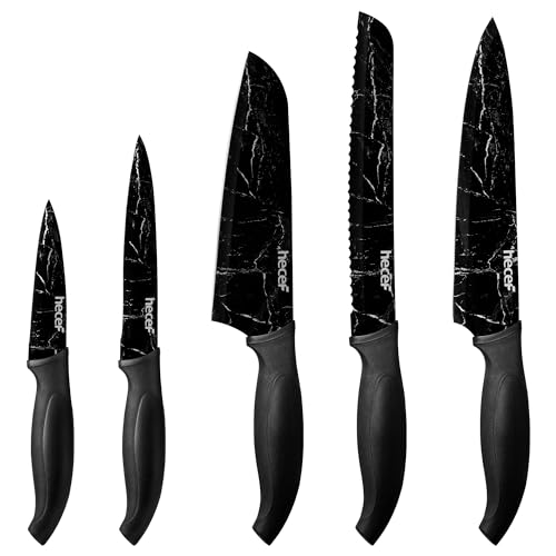 hecef 5 Stücke Küchenmesser, Edelstahl Scharfes Messerset mit Marmormuster-Beschichtung, Profi Kochmesser und Gemüsemesser ect. von hecef