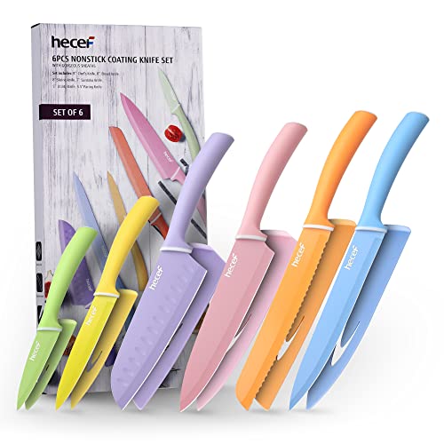 hecef 6 Teilig Messer Set, Küchenmesser Set Bunte Non-Stick, Scharfe Messerset Edelstahl, Profi Kochmesser Set mit Schutzhüllen für Köche (Buntes Messer) von hecef