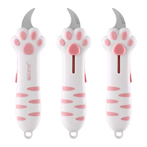 hecef Cuttermesser 3er Pack, versenkbare Boxöffner mit deutscher Stahlklinge und Katzenpfotengriff, multifunktionale Universalmesser zum Öffnen von Box, Umschlag, Briefe und Gutscheine,Rosa von hecef