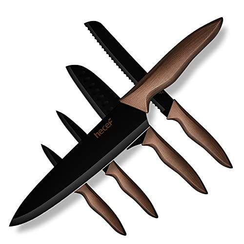 hecef Küchenmesser Set, Edelstahl Antihaft Schwarze Farbe Beschichtung Messer, beinhaltet 8 '' Kochmesser, 8 '' Brotmesser, 7 '' Santokumesser, 5'' Mehrzweckmesser und 3,5 '' Schälmesser von hecef