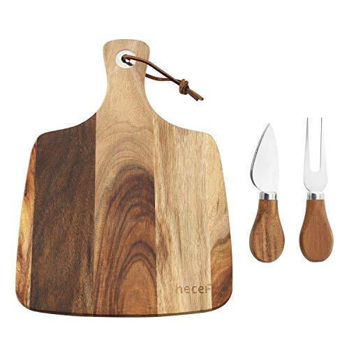 hecef Käsebrett Set 3, EIN Käsebrett aus Akazienholz und EIN Käsemesser und eine Käsegabel, Holzkäsebrett, Käseplatte(Käsebrett mit 2 Messer), Weihnachten von hecef