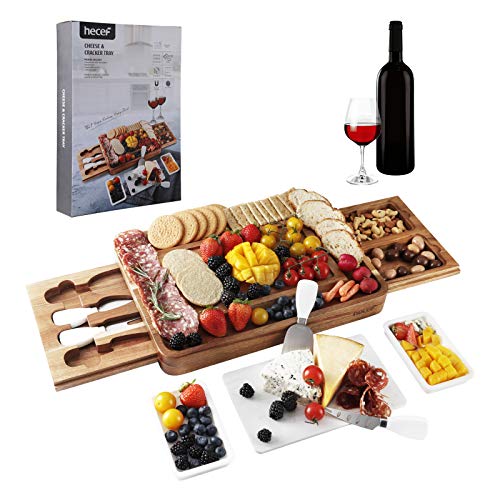 hecef Käsebrett-Set aus Akazienholz, quadratische Käseplatte mit 2 ausziehbaren Schubladen & Besteckset & Snackplatten & Marmorkäse-Schiefer von hecef