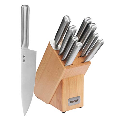 hecef Messerblock Set, 10 Stück Küchenmesser Set mit Holzblock & Schärfstange, Edelstahl Kochmesser Set,Baumesser-Set komplett aus Metall von hecef