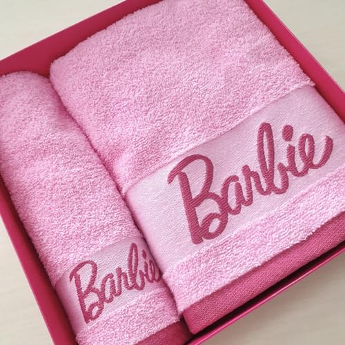 Barbie, Badetücher aus Frottee, Set mit 2 Handtüchern, Gesichtstuch, Bidet, Rosa, Baumwolle, 100%, 2 Stück, offizielles Produkt von hermet
