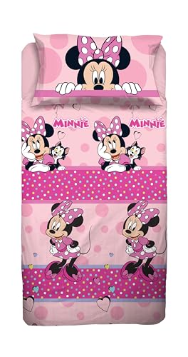Disney Minnie Mouse, Bettwäsche-Set für Einzelbett, Disney, Bettlaken, Spannbettlaken, Kissenbezug, Rosa, Disney, 100% Baumwolle, offizielles Produkt von hermet