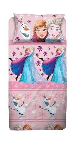 Frozen Bettwäsche-Set für französisches Bett, Disney, Bettlaken, Spannbettlaken, Kissenbezug, Rosa, Disney, 100% Baumwolle, offizielles Produkt von hermet