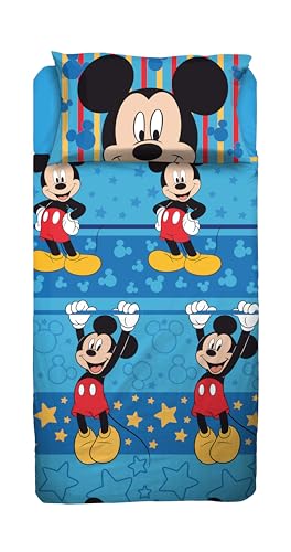 Mickey Mouse, Bettwäsche-Set für französisches Bett, Disney, Bettlaken, Spannbettlaken, Kissenbezug, blau, Disney, 100% Baumwolle, offizielles Produkt von hermet
