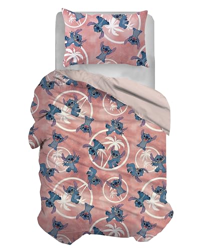 Stitch Bettbezug-Set für Einzelbett, Baumwolle, Rosa, 155 x 200 cm, Kissenbezug 50 x 80 cm, Disney, 100% Baumwolle, offizielles Produkt von hermet