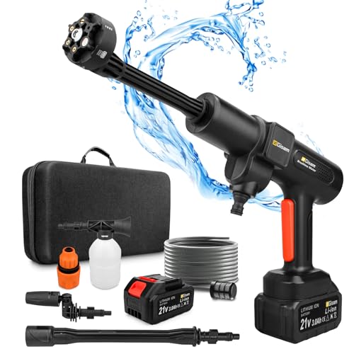 Gisam Akku Hochdruckreiniger, Max 507 PSI High Pressure Washer, mit 2 x 3000mA Batterien, Schaumsprüher, 6-in-1 Multifunktionale Düse und 180° Drehbare Düse für Reinigung und Bewässerung (Gisam-01) von highsam