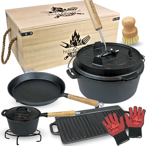 holz4home® 9-teiliges Dutch Oven Set I 4,3L Feuertopf Gusseisen in Holzkiste I Pfanne Grillplatte Kochtopf Deckelheber Reinigungsbürste von holz4home