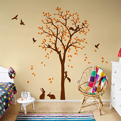 Großer Baum Wandaufkleber mit Vögeln, Eichhörnchen und Kaninchen Hasen Kinderzimmer Wanddekoration 095 (Braun, Orange) von Studio Quee