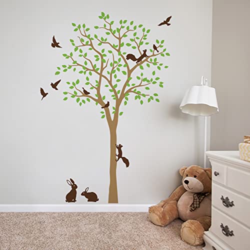 Großer Baum Wandaufkleber mit Vögeln, Eichhörnchen und Kaninchen Hasen Kinderzimmer Wanddekoration 095 (Hellbraun, Limonengrün, Braun) von Studio Quee
