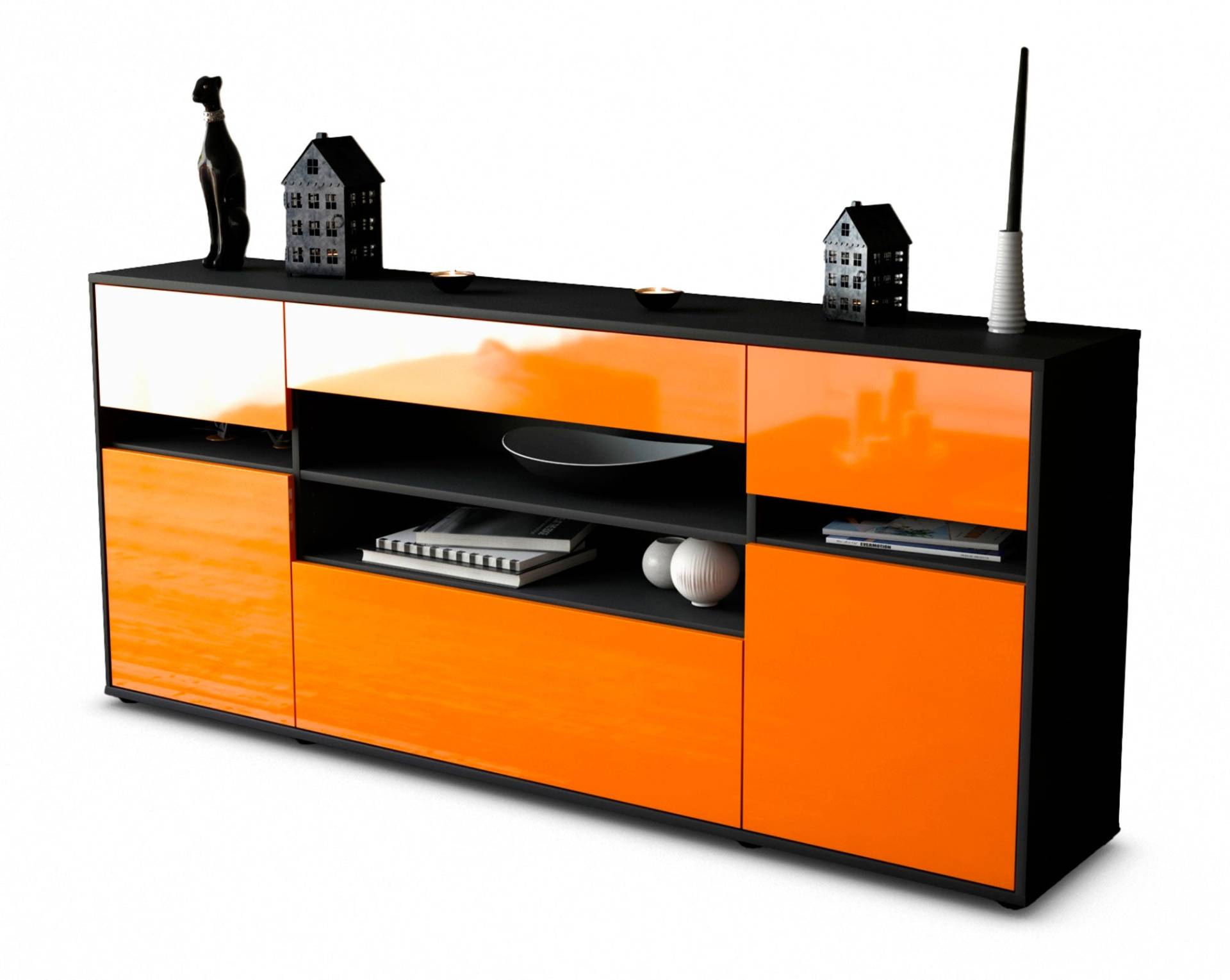 Sideboard Gina | Korpus Anthrazit | Front in Hochglanz Orange | 180x79x35cm (BxHxT)
