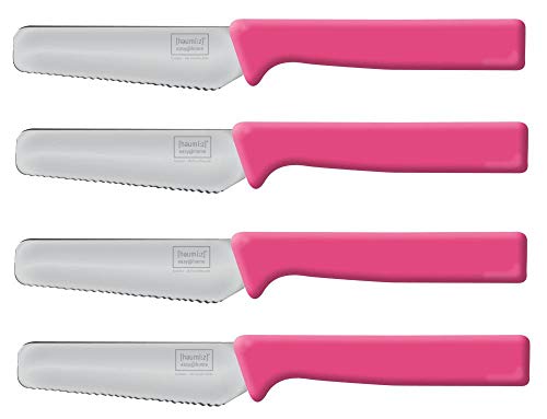 homiez 4 Stück Frühstücksmesser KNIFE pink, Brötchenmesser, Tafelmesser, Brotzeitmesser, Wellenschliff, Soft-Griff von homiez