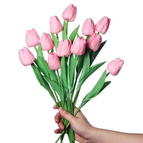 huaao 12pcs Künstliche Tulpen Real Touch Latex Gefälschte Tulpen Blumensträuße Arrangement Blumen für Home Room Hochzeitsdekoration Party Herzstück Dekor, Rosa von huaao