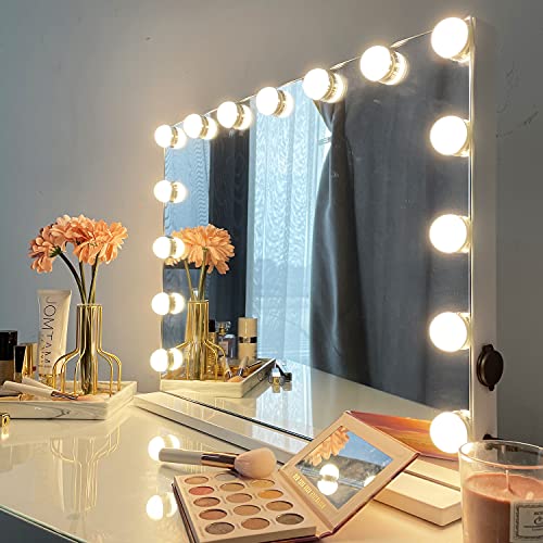 iCREAT Hollywood Schminkspiegel mit 15 dimmbaren Glühbirnen großer 58X46 cm Kosmetikspiegel mit Beleuchtung intelligent Touchscreen-Helligkeitseinstellbar Theaterspiegel Tischspiegel von iCREAT